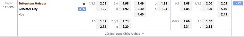 tỷ lệ kèo Tottenham vs Leicester